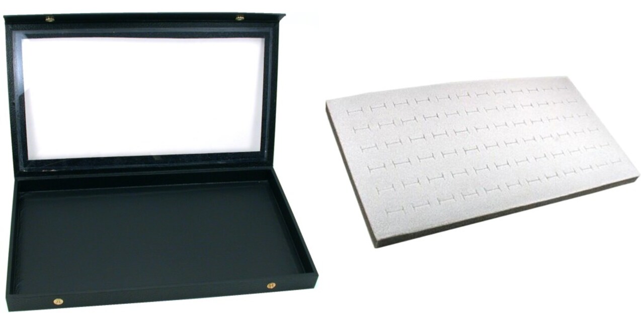 Black Glass Top Jewelry Case (Snap close lid) w/ Gray 72-slot Foam Display Pad